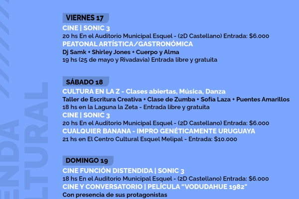 Agenda cultural de las actividades del fin de semana en Esquel.